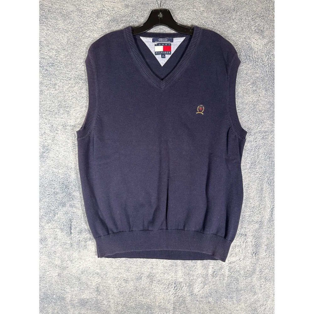 Tommy Hilfiger Mens XL Navy Blue V-Neck Cotton Knit Sweater‎ Vest Crest Logo